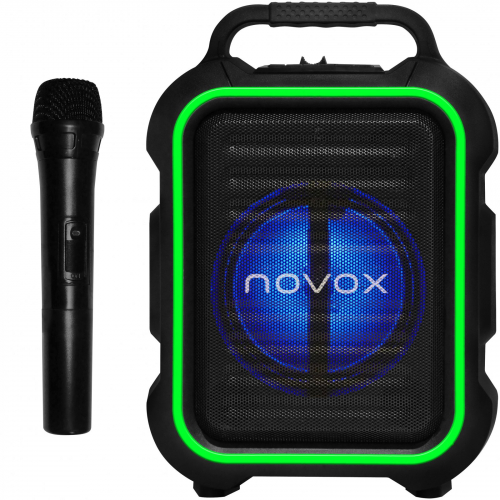 Novox Mobilite Green przenony system nagonieniowy 60W z mikrofonem bezprzewodowym, MP3/USB/Bluetooth, efekt wietlny LED