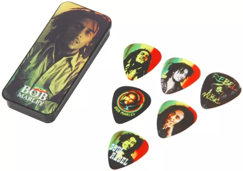 Dunlop Bob Marley PT01M kostki rozmiar: medium - metalowe pudełko zawierające 6 sztuk kostek z wizerunkiem BOB′a MARLEY′a - RASTA 1 Dunlop Bob Marley PT01M kostki rozmiar: medium - metalowe pudełko zawierające 6 sztuk kostek z wizerunkiem BOB′a MARLEY′a - RASTA 1