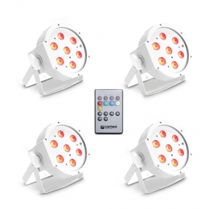 Cameo FLAT PAR CAN TRI 3W IR WH SET - Zestaw 4 lamp PAR 7 x 3 W High Power TRI Colour FLAT LED RGB w biaej obudowie wraz z pilotem na podczerwie