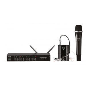 AKG DMS Tetrad Mixed Set SYSTEM zestaw bezprzewodowy cyfrowy (2,4 GHz), odbiornik 4-kanaowy, nadajnik do rki z kapsuami D5, bodypack z mikrofonem nagownym C111LP
