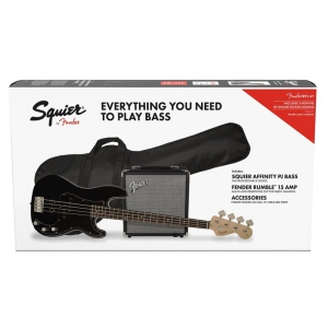Fender Squier Affinity Series Precision Bass PJ Pack Laurel Fingerboard Black Gig Bag Rumble 15 zestaw